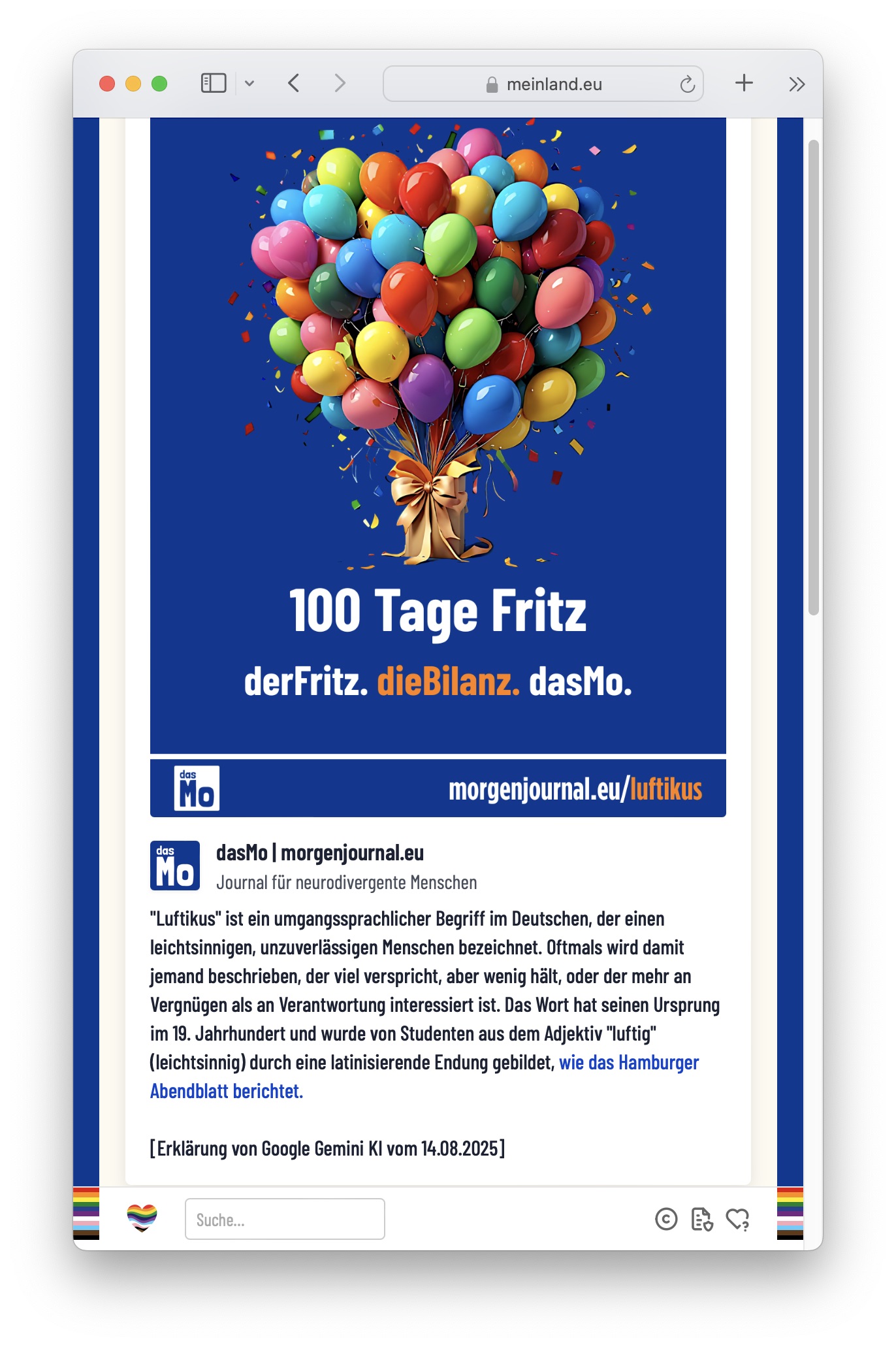 Screenshot einer Satire-Webseite anlässlich dem 100-tägigen Amtsjubiläum des Noch-Kanzlers: 100 Tage Fritz - der Fritz - die Bilanz - das Mo