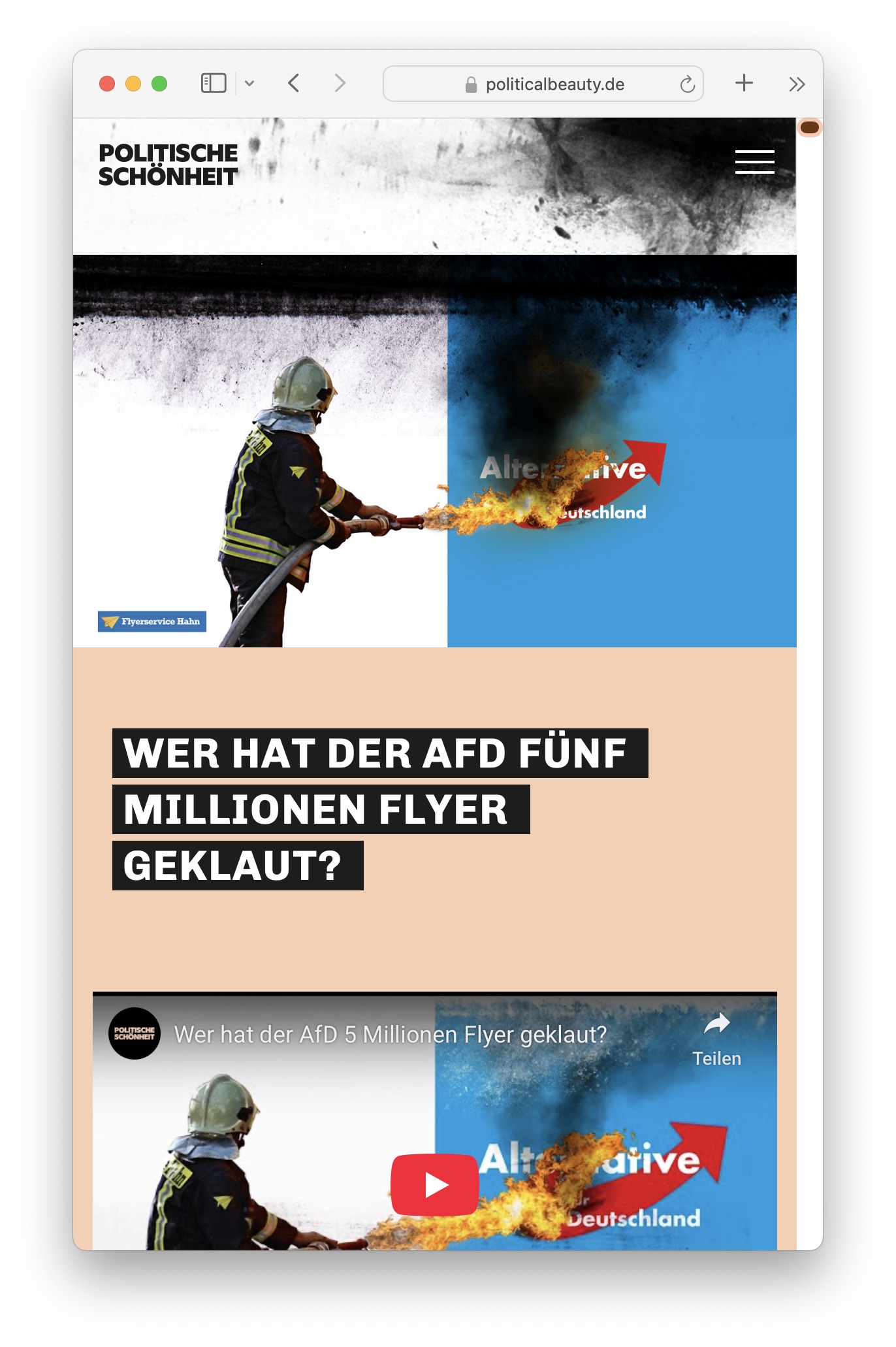 Screenshot einer Webseite des Zentrums für politische Schönheit: Wer hat der AfD 5 Millionen Flyer geklaut?