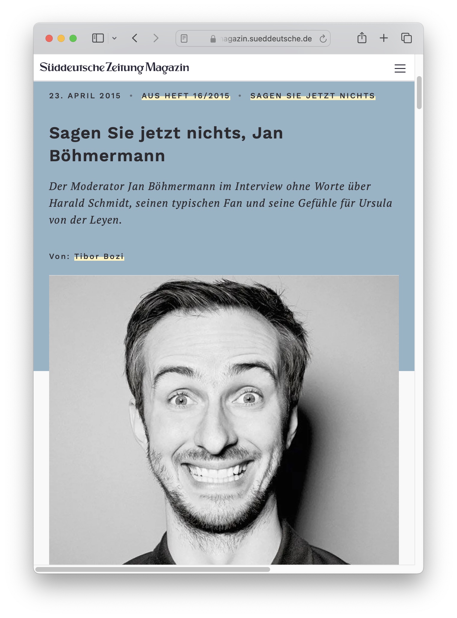 Screenshot der Webseite der Süddeutschen Zeitung mit dem Interview ohne Worte  mit Jan Böhmermann