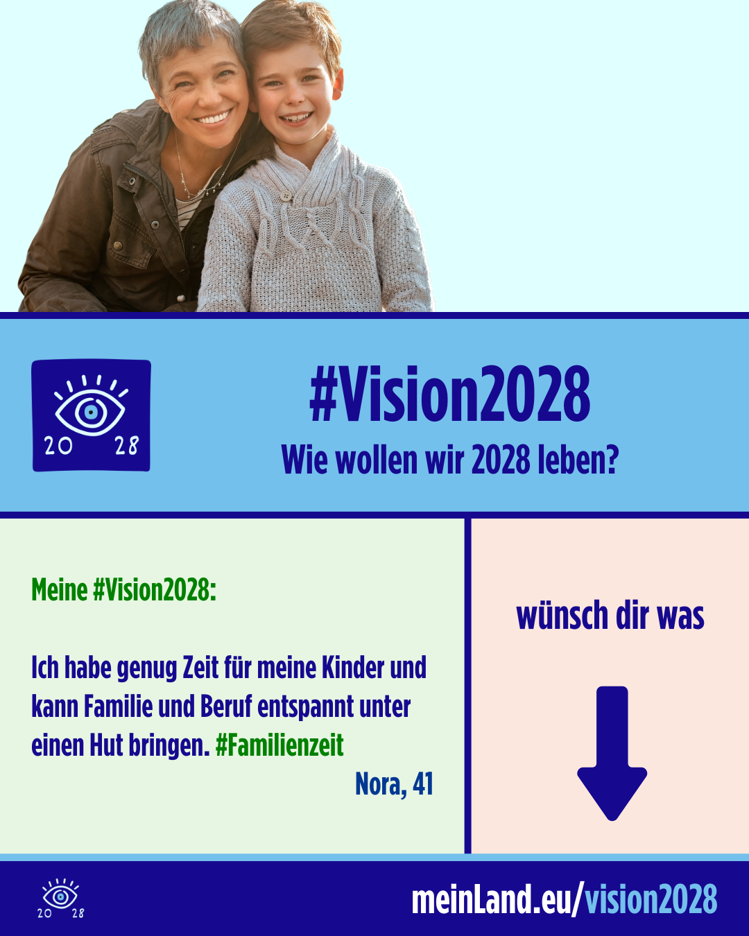 Meine #Vision2028: Ich habe genug Zeit für meine Kinder und kann Familie und Beruf entspannt unter einen Hut bringen. #Familienzeit  Nora, 41
