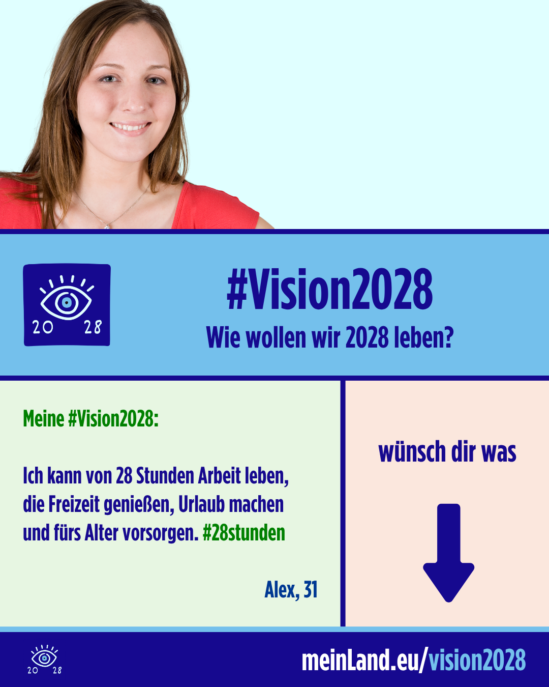 Meine #Vision2028: Ich kann von 28 Stunden Arbeit leben, die Freizeit genießen, Urlaub machen und fürs Alter vorsorgen. #28stunden  Alex, 31