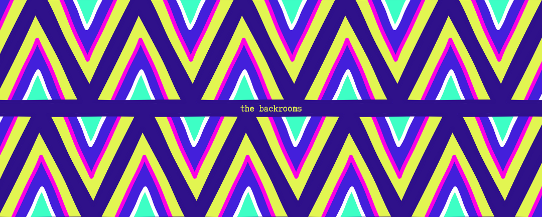 Banner: the backrooms - ein Labyrinth aus Dreiecken in knalligen Farben. Neon-grün-gelb, weiß, pink, türkis, lila und indigo.