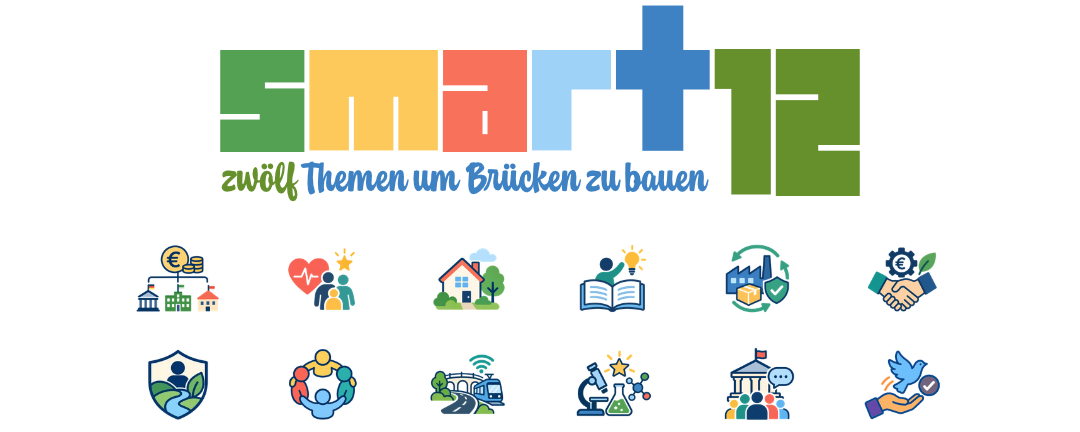 Banner: smart12 - zwölf Themen um Brücken zu bauen. Darunter 12 Icons der 12 Themenfelder