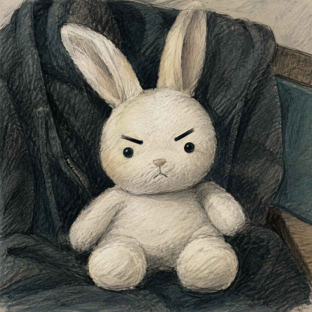 Profilbild Mia - ein weißer Stoffhase mit grimmigem Blick