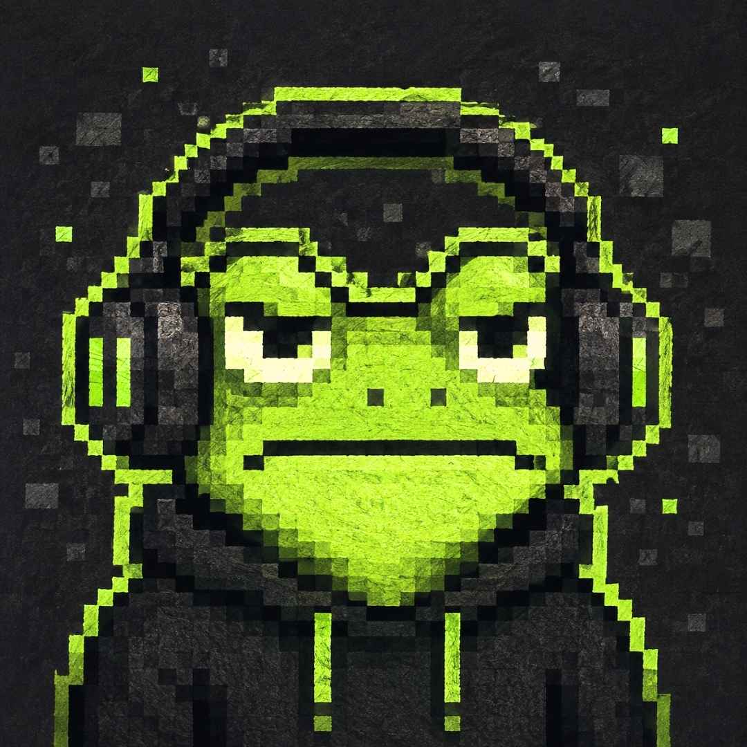 Profilbild Joel - Eine Pixelzeichnung eines grünen Froschkopfes mit Kopfhörern