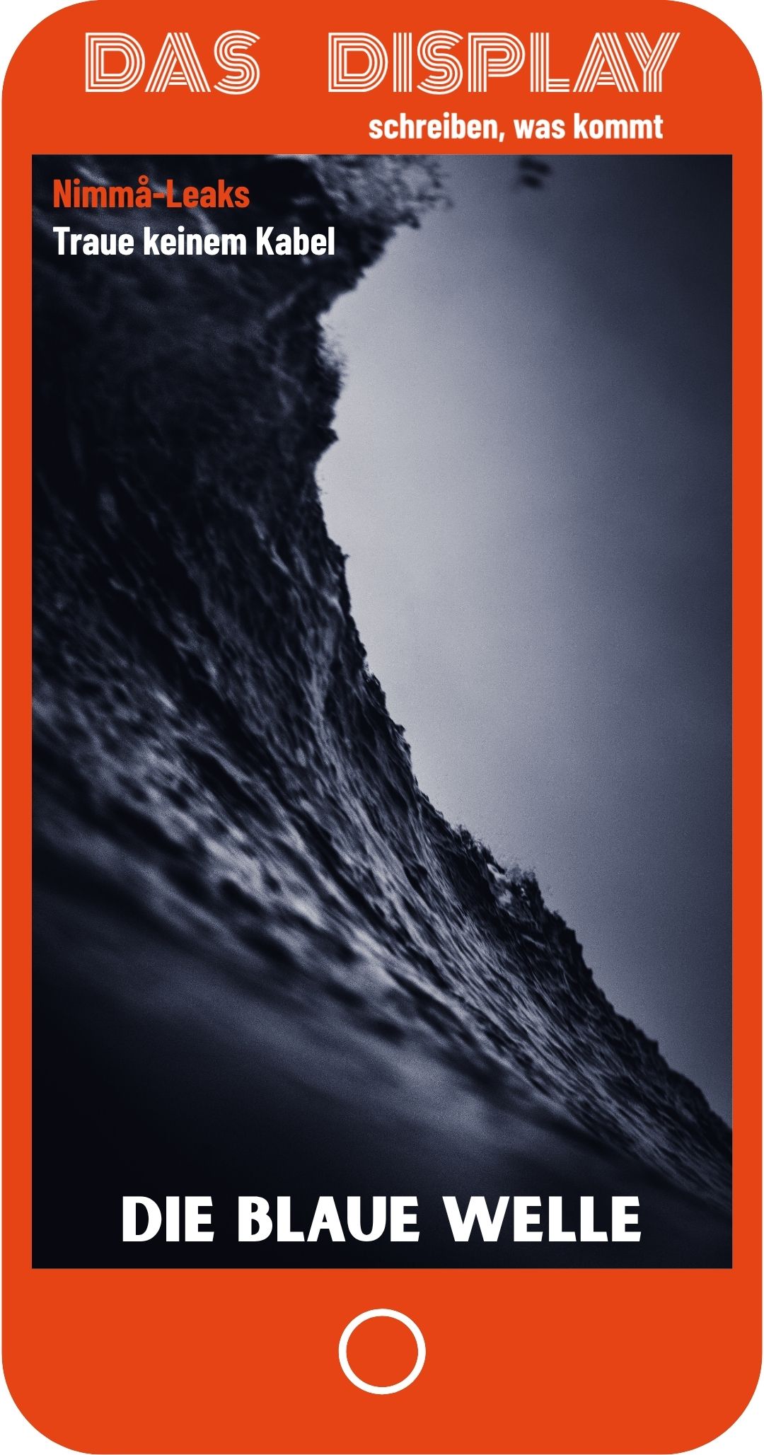 Cover: DISPLAY | Text klein: Nimmå-Leaks - Traue keinem Kabel - Text groß: Die Blaue Welle | Hintergund: eine gefährliche, dunkelblau-schwarze Wille bricht heran