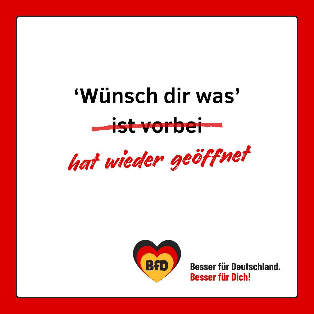 Banner: Wünsch-dir-was hat wieder geöffnet — BfD | Besser für Deutschland 🧡 Besser für Dich