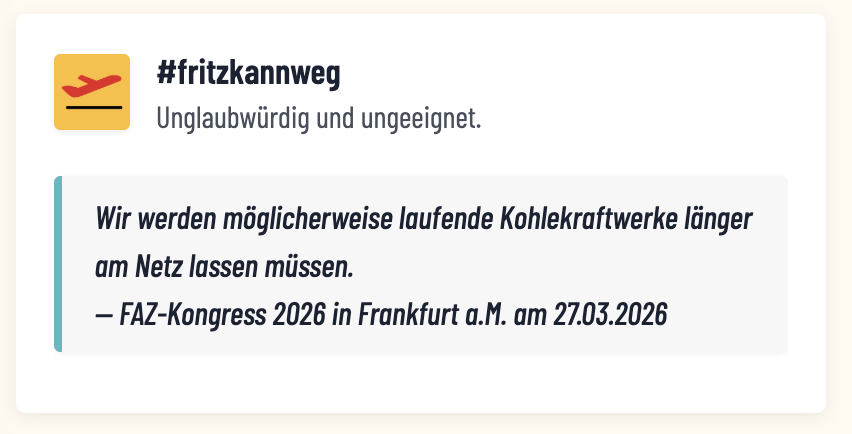 Screenshot #fritzkannweg: Wir werden möglicherweise laufende Kohlekraftwerke länger am Netz lassen müssen. — FAZ-Kongress 2026 in Frankfurt a.M. am 27.03.2026