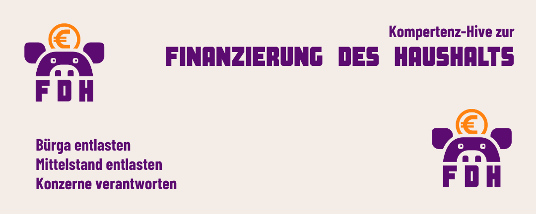 Banner: Der FDH ist ein Kompetenz-Hive zur Finanzierung des Bundeshaushalts. Bürga und Mittelstand entlasten. Konzerne verantworten.