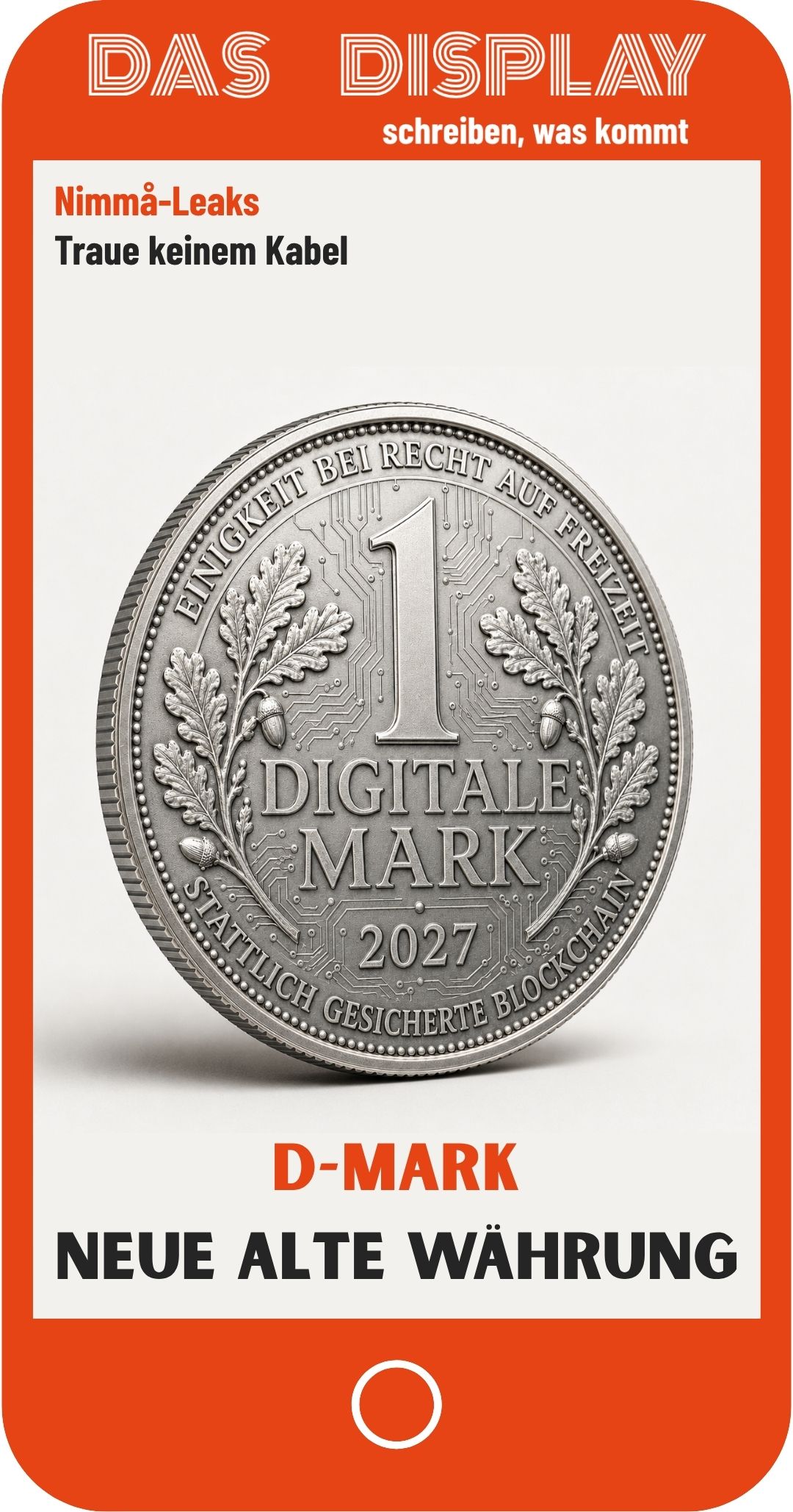 Cover: DISPLAY | Text klein: Nimmå-Leaks - Traue keinem Kabel - Text groß: DMARK - neue alte Währung | Hintergund: ein Crypto-Coin mit der Aufschrift: 1 digitale Mark